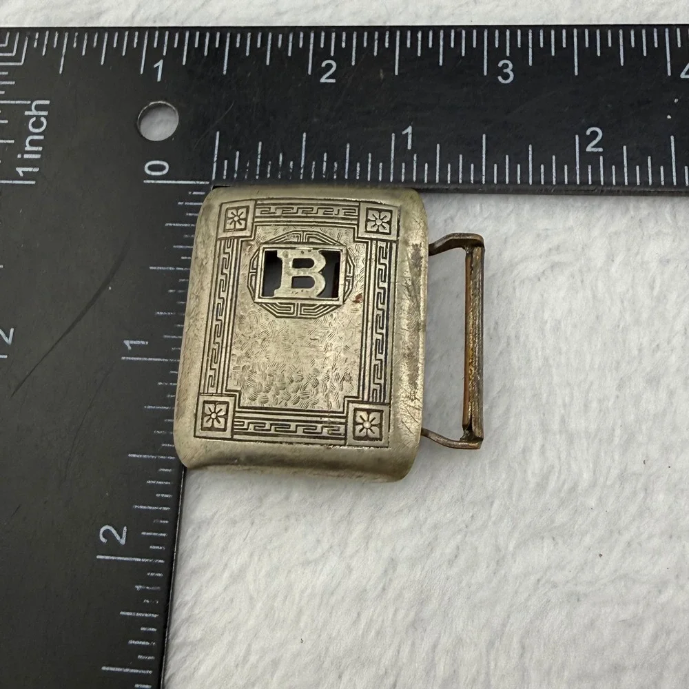 Vintage Giant Grip Belt Buckle Silver Front Art Deco B Greek Key Mens 1.5
